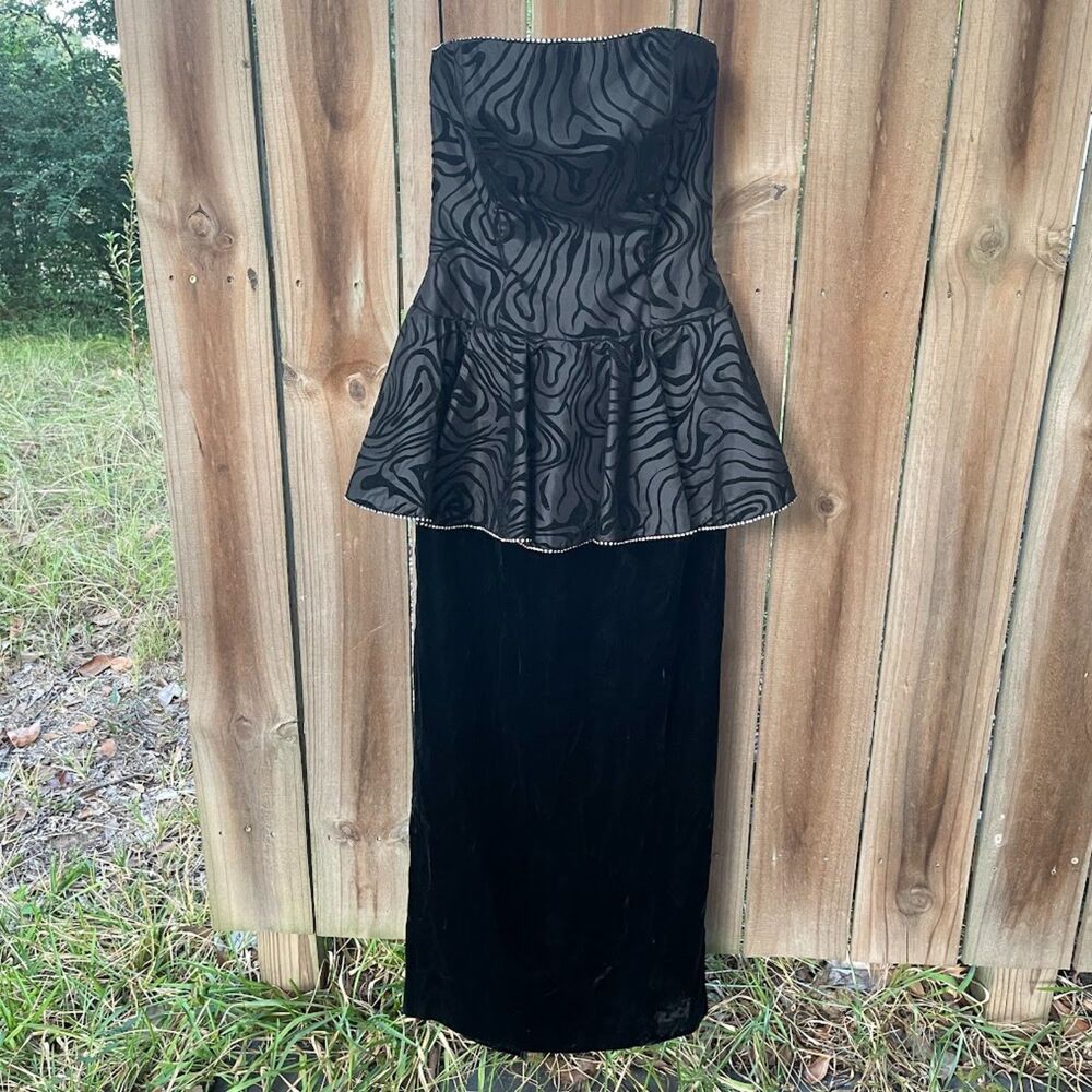 Vintage 80s AJ BARI Strapless Dress PEPLUM Velvet Flocked Taffeta Rhinestones S